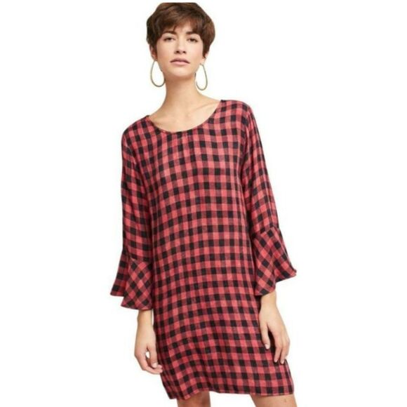 CLOTH & STONE ANTHROPOLOGIE BUFFALO PLAID SHIFT DRESS SIZE MEDIUM RUFFLED SLEEVE - Picture 1 of 11